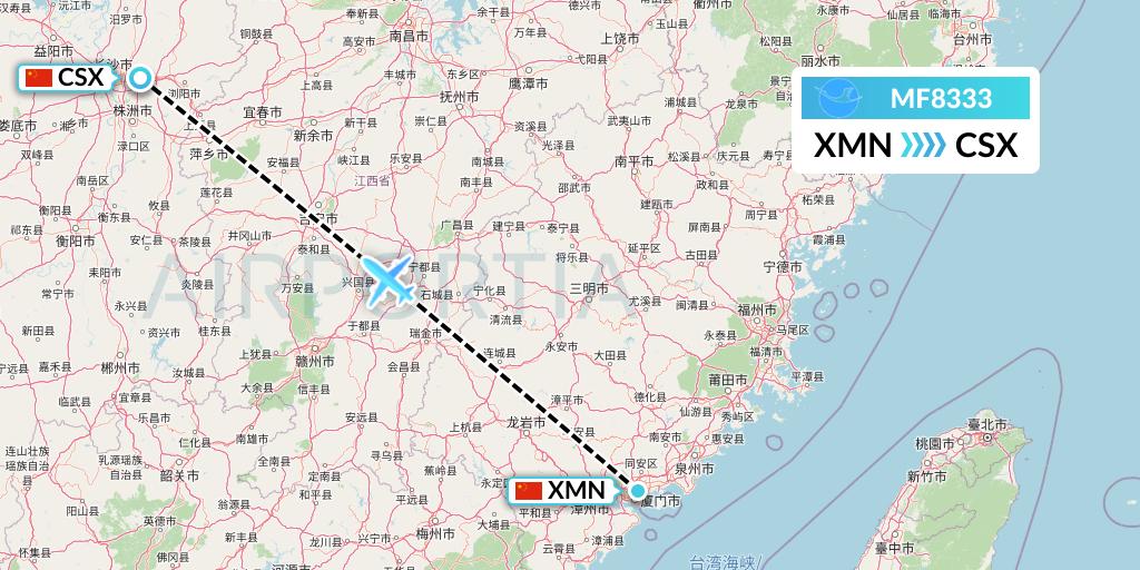 MF8333 Xiamen Airlines Flight Map: Xiamen to Changsha