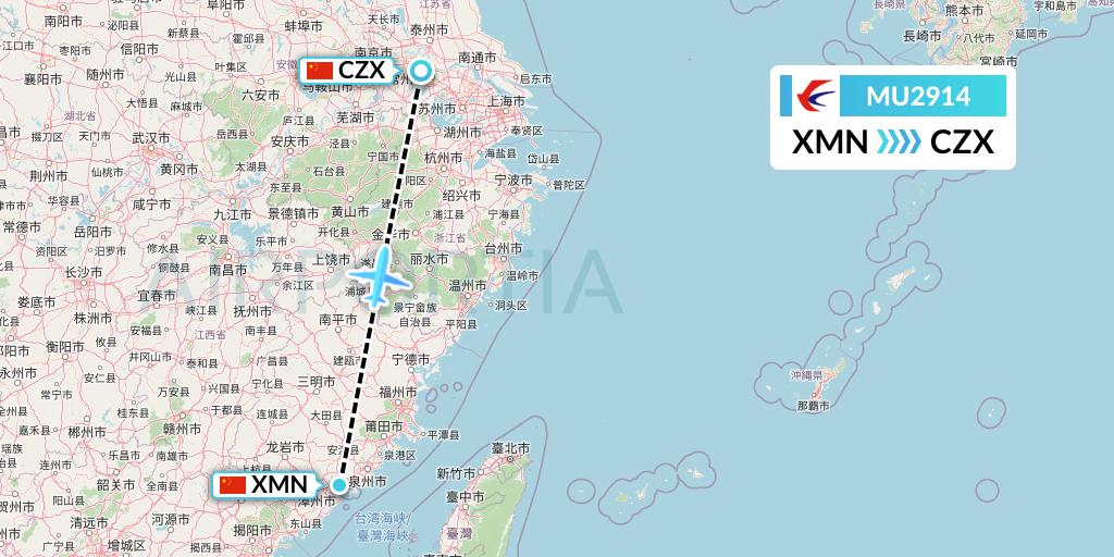 MU2914 China Eastern Airlines Flight Map: Xiamen to Changzhou