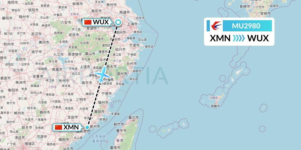 MU2980 China Eastern Airlines Flight Map: Xiamen to Wuxi
