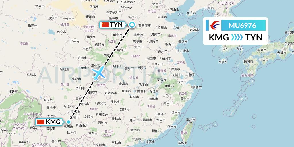 MU6976 China Eastern Airlines Flight Map: Kunming to Taiyuan