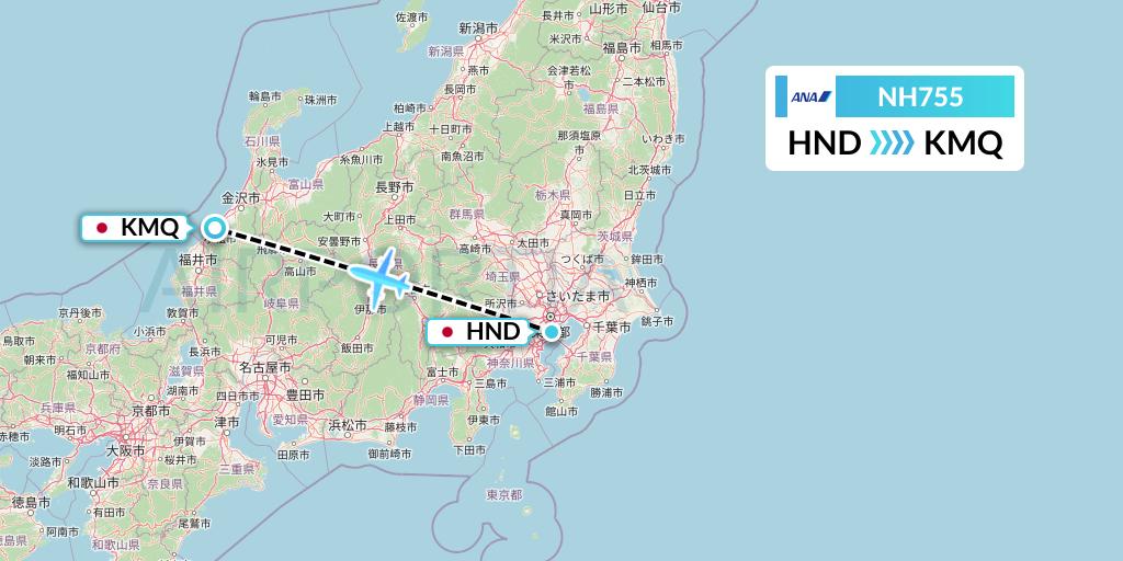 NH755 All Nippon Airways Flight Map: Tokyo to Komatsu