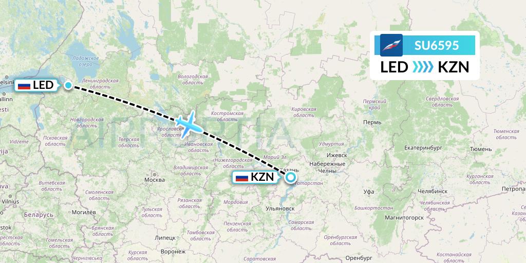 SU6595 Aeroflot Flight Map: St. Petersburg to Kazan