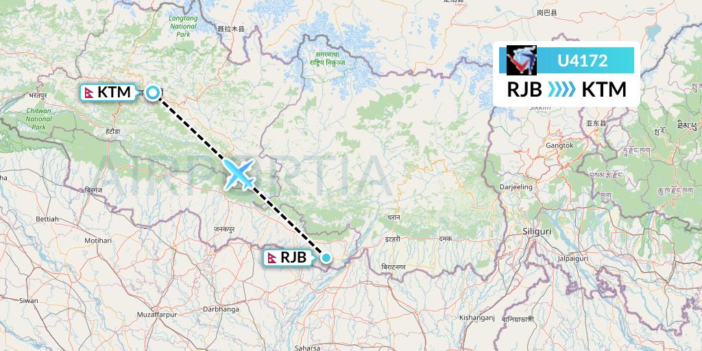 U4172 Buddha Air Flight Map: Rajbiraj to Kathmandu