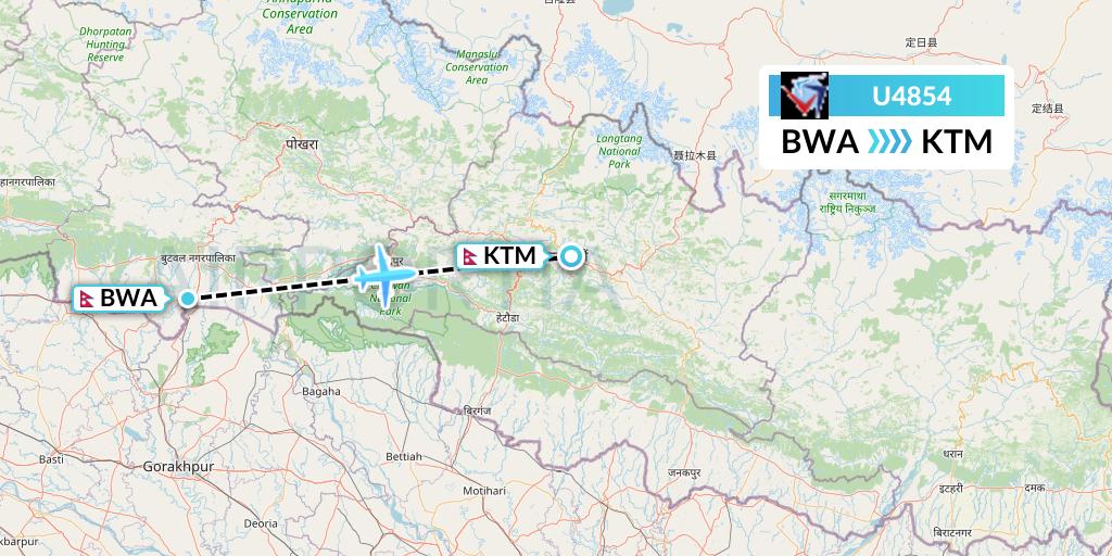 U4854 Buddha Air Flight Map: Bhairawa to Kathmandu