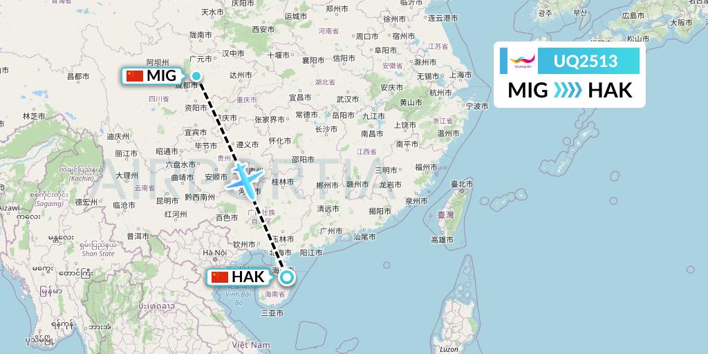 UQ2513 Urumqi Airlines Flight Map: Mianyang to Haikou