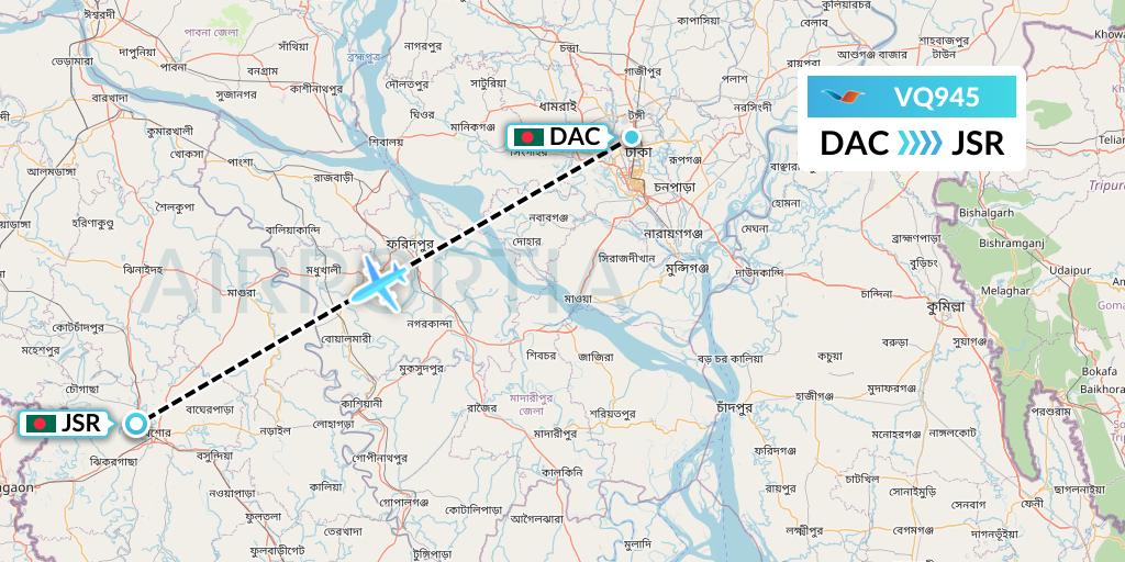 VQ945 Novoair Flight Map: Dhaka to Jessore