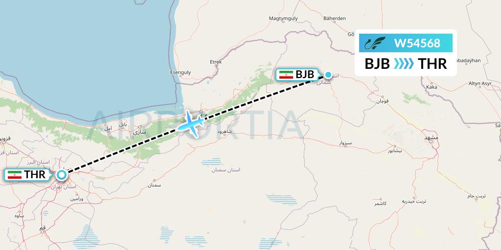 W54568 Mahan Air Flight Map: Bojnord to Tehran