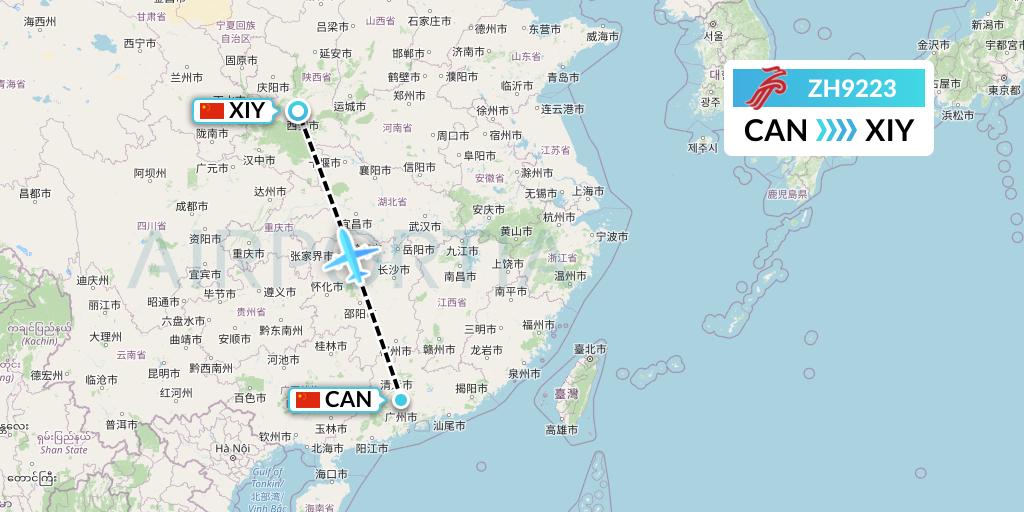 ZH9223 Shenzhen Airlines Flight Map: Guangzhou to Xi'an
