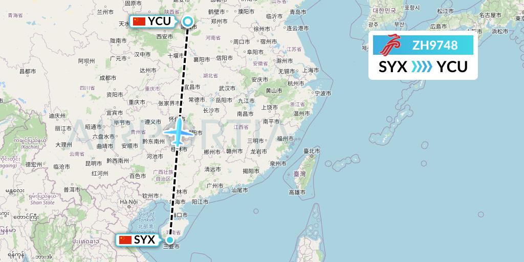 ZH9748 Shenzhen Airlines Flight Map: Sanya to Yuncheng