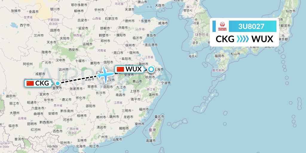 3U8027 Sichuan Airlines Flight Map: Chongqing to Wuxi