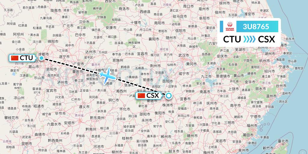 3U8765 Sichuan Airlines Flight Map: Chengdu to Changsha