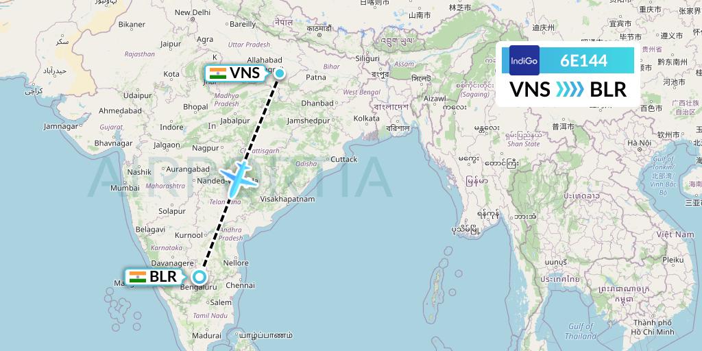 6E144 IndiGo Airlines Flight Map: Varanasi to Bangalore