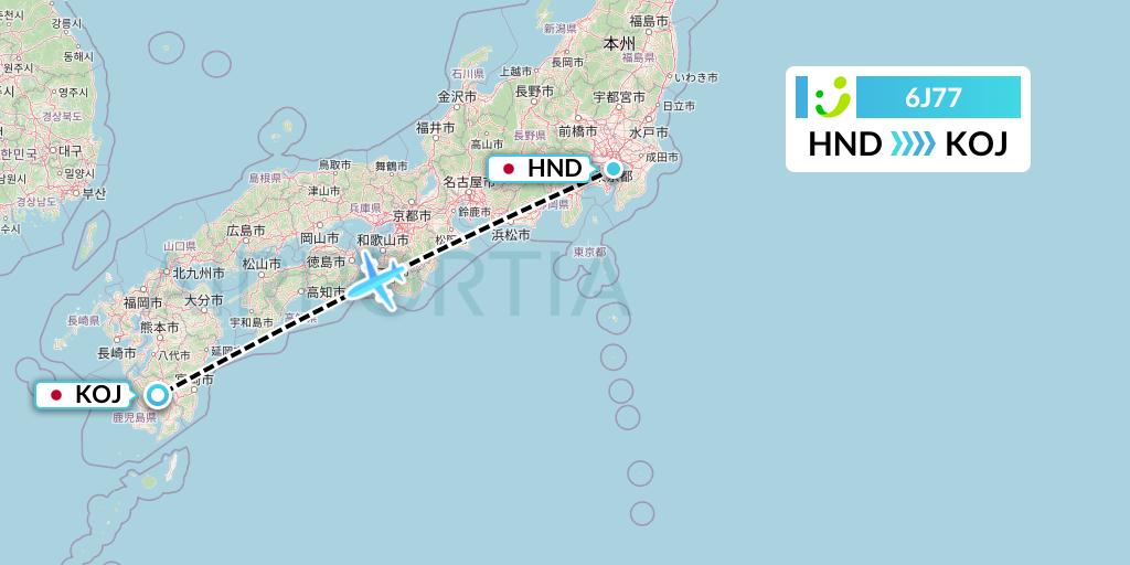 6J77 Solaseed Air Flight Map: Tokyo to Kagoshima