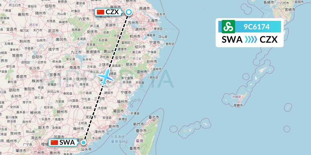 9C6174 Spring Airlines Flight Map: Jieyang to Changzhou