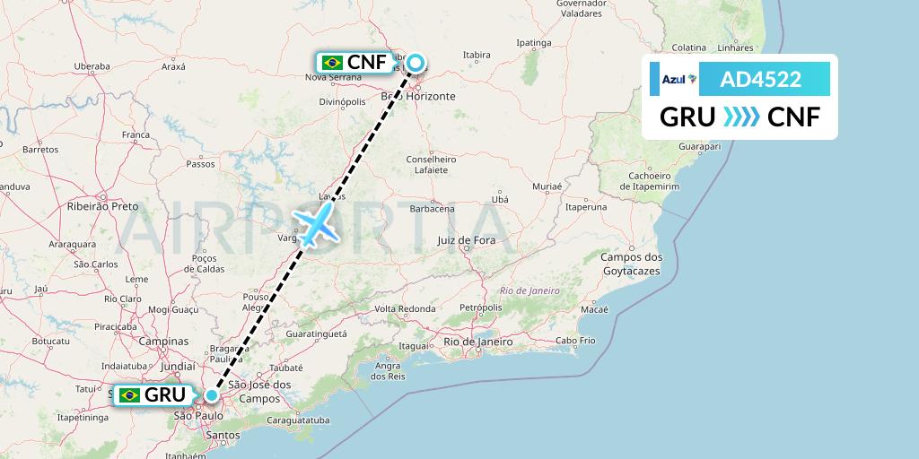 AD4522 Azul Brazilian Airlines Flight Map: Sao Paulo to Belo Horizonte