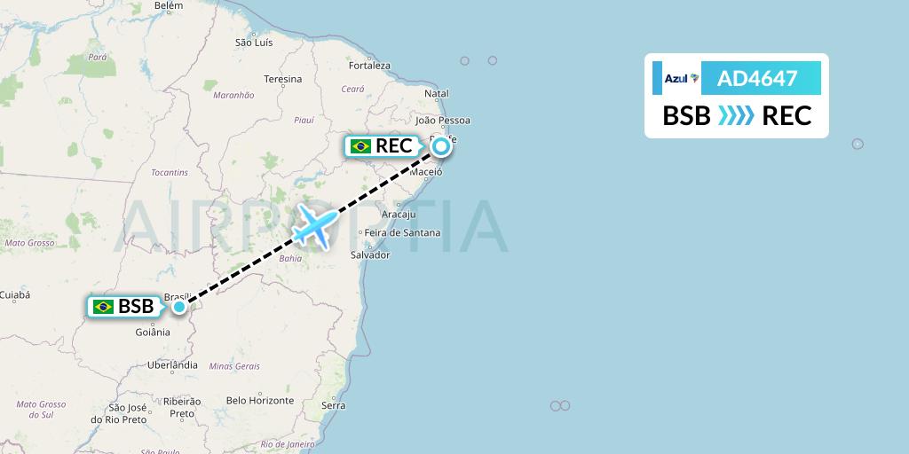 AD4647 Azul Brazilian Airlines Flight Map: Brasilia to Recife