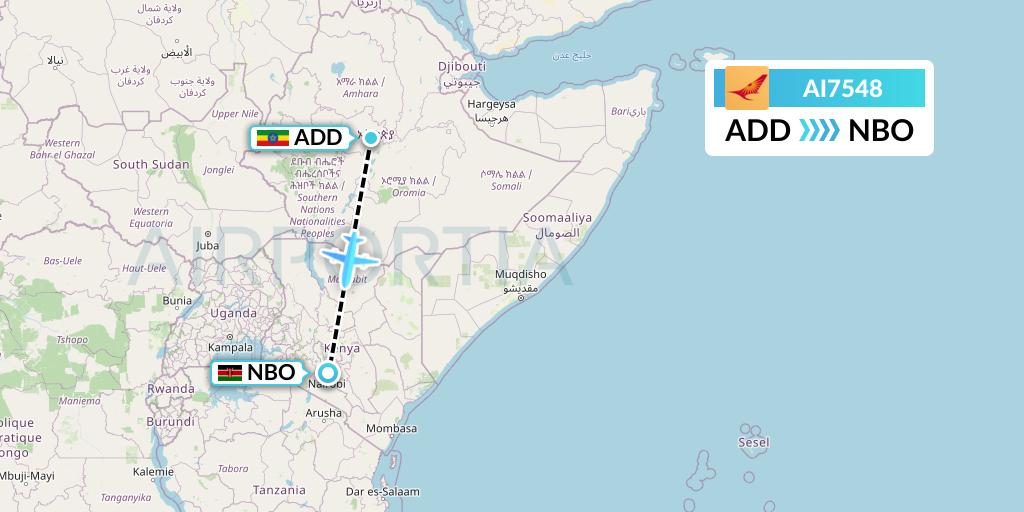 AI7548 Air India Flight Map: Addis Ababa to Nairobi