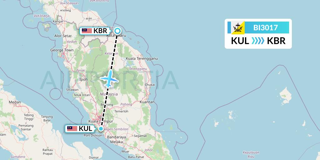 BI3017 Royal Brunei Airlines Flight Map: Kuala Lumpur to Kota Bharu
