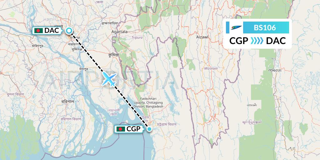 BS106 US-Bangla Airlines Flight Map: Chittagong to Dhaka