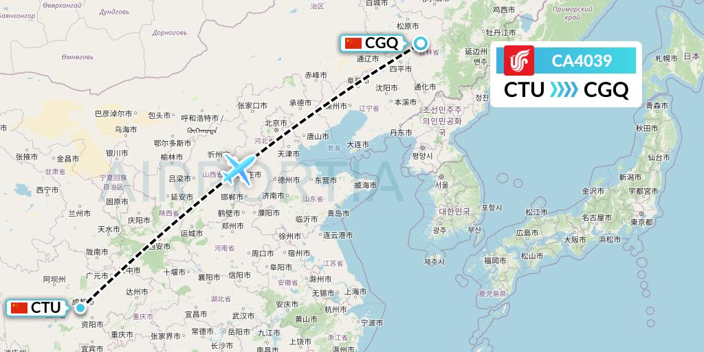 CA4039 Air China Flight Map: Chengdu to Changchun