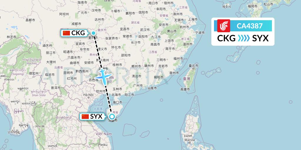 CA4387 Air China Flight Map: Chongqing to Sanya