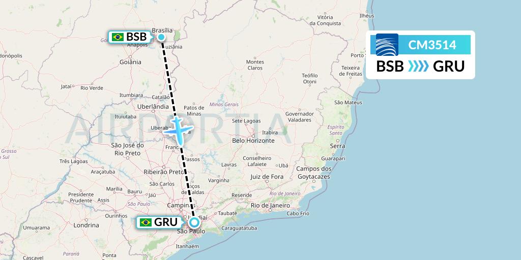 CM3514 Copa Airlines Flight Map: Brasilia to Sao Paulo