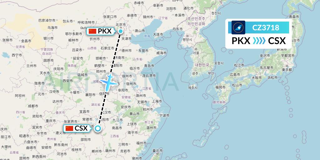 CZ3718 China Southern Airlines Flight Map: Beijing to Changsha