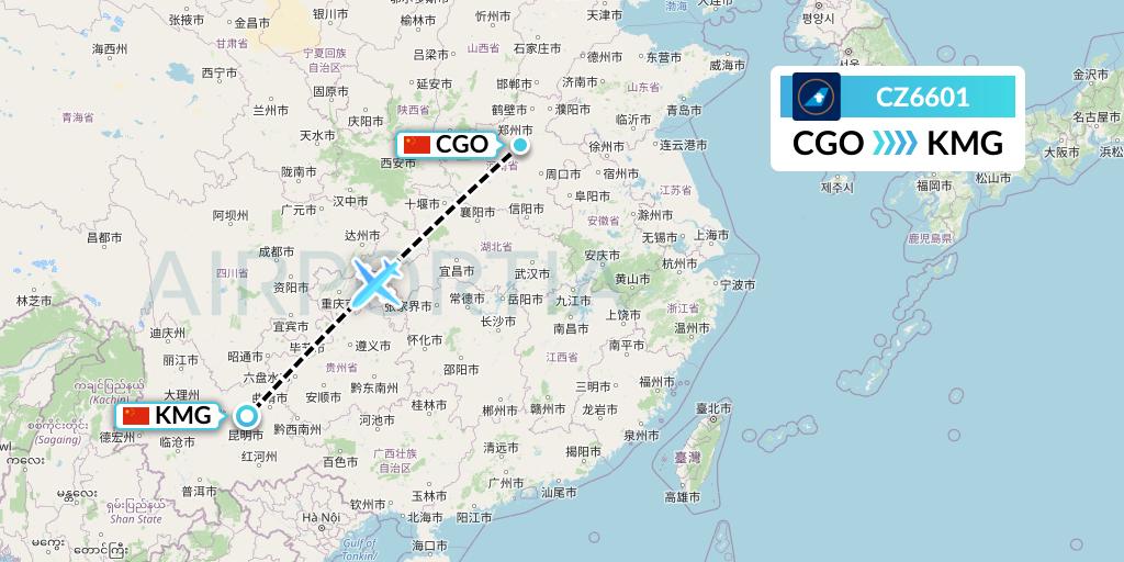 CZ6601 China Southern Airlines Flight Map: Zhengzhou to Kunming