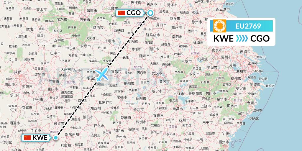 EU2769 Chengdu Airlines Flight Map: Guiyang to Zhengzhou