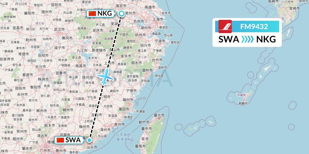 FM9432 Shanghai Airlines Flight Map: Jieyang to Nanjing