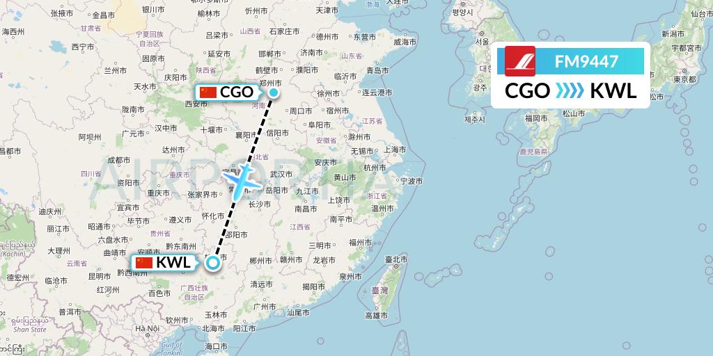 FM9447 Shanghai Airlines Flight Map: Zhengzhou to Guilin