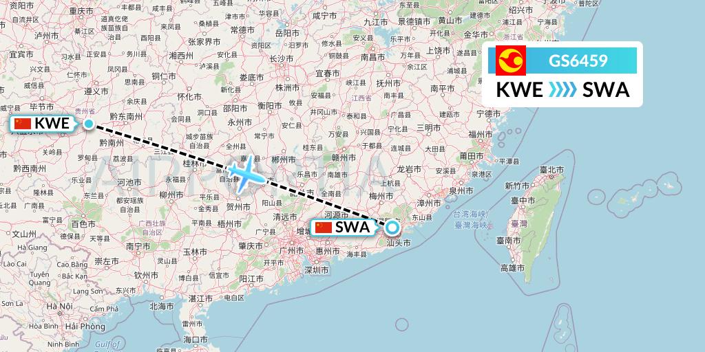 GS6459 Tianjin Airlines Flight Map: Guiyang to Jieyang