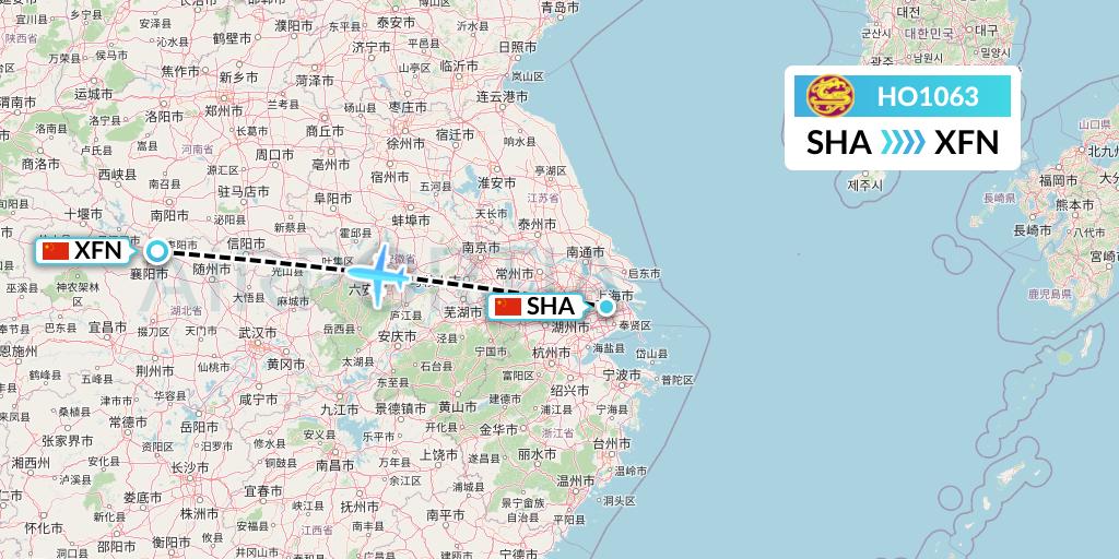 HO1063 Juneyao Airlines Flight Map: Shanghai to Xiangyang