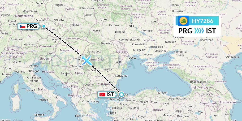 HY7286 Uzbekistan Airways Flight Map: Prague to Istanbul