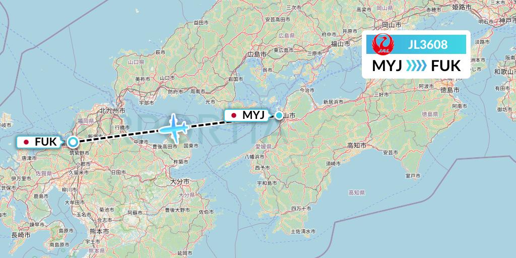 JL3608 Japan Airlines Flight Map: Matsuyama to Fukuoka
