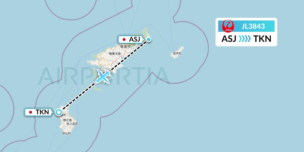 JL3843 Japan Airlines Flight Map: Amami to Tokunoshima