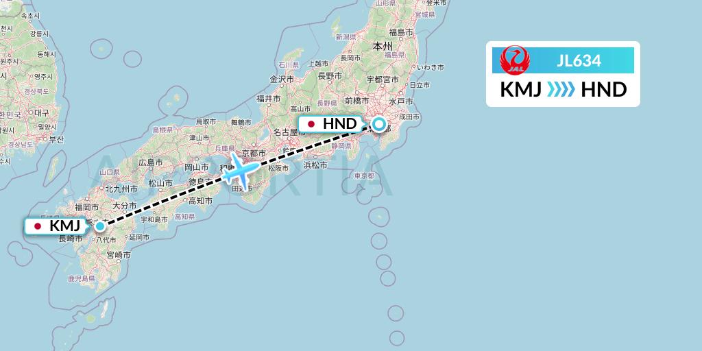 JL634 Japan Airlines Flight Map: Kumamoto to Tokyo