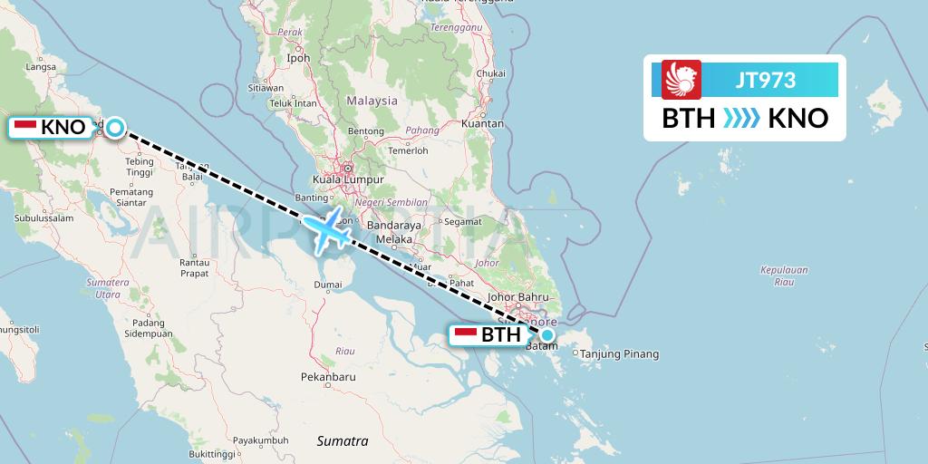 JT973 Lion Airlines Flight Map: Batam to Medan