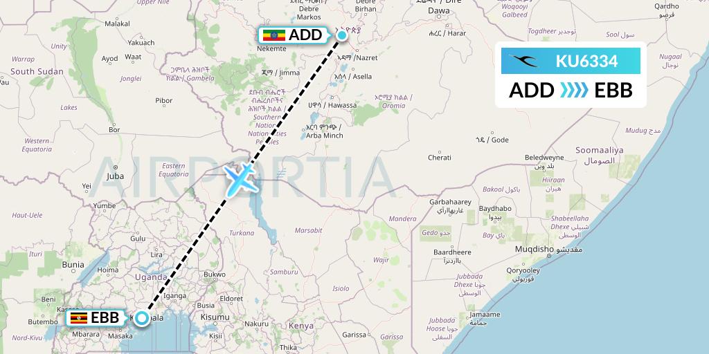 KU6334 Kuwait Airways Flight Map: Addis Ababa to Entebbe