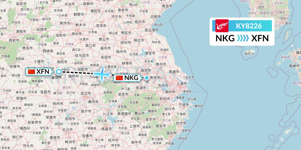 KY8226 Kunming Airlines Flight Map: Nanjing to Xiangyang