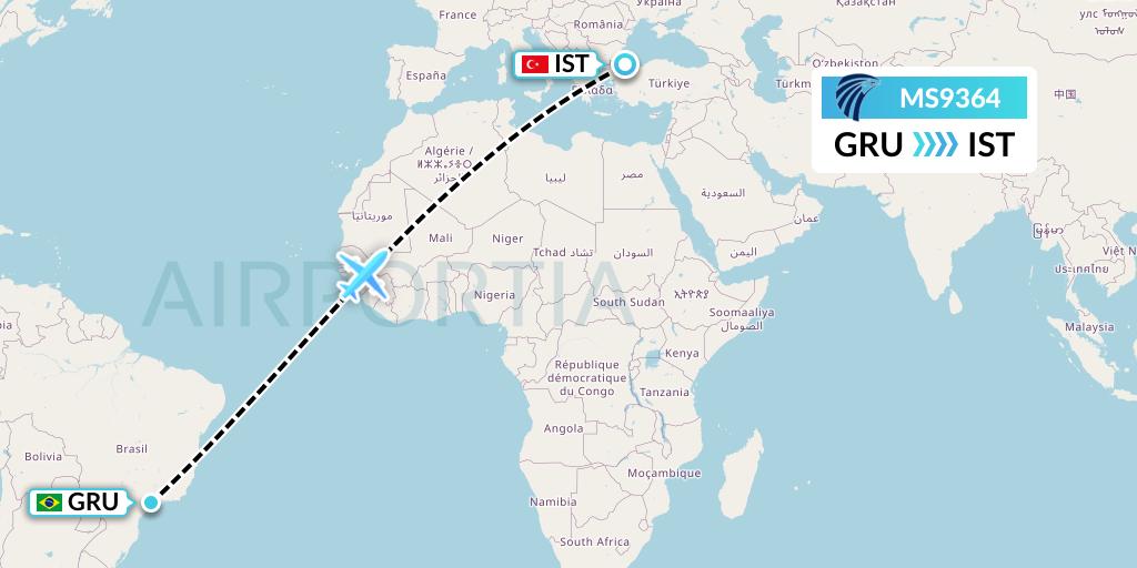 MS9364 EgyptAir Flight Map: Sao Paulo to Istanbul