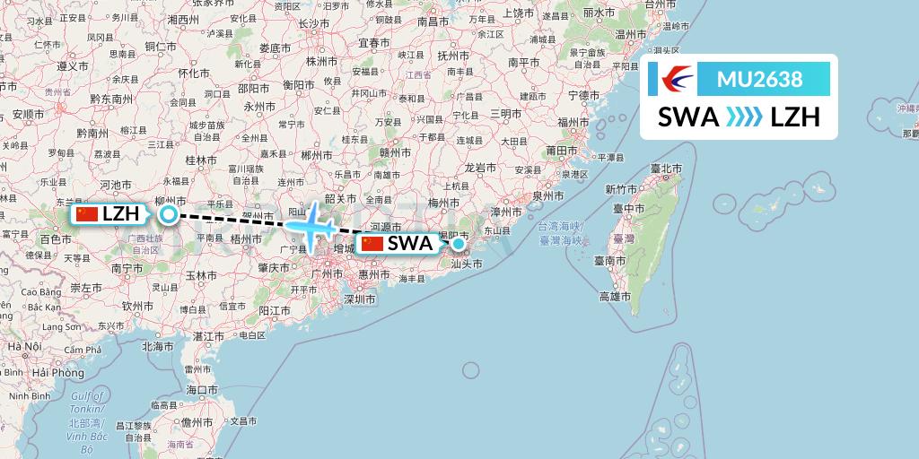 MU2638 China Eastern Airlines Flight Map: Jieyang to Liuzhou