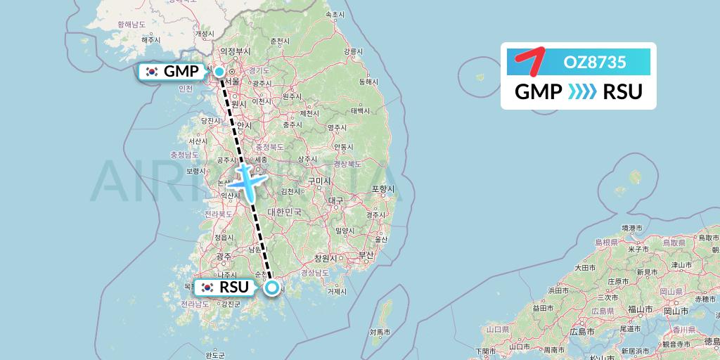OZ8735 Asiana Airlines Flight Map: Seoul to Yeosu