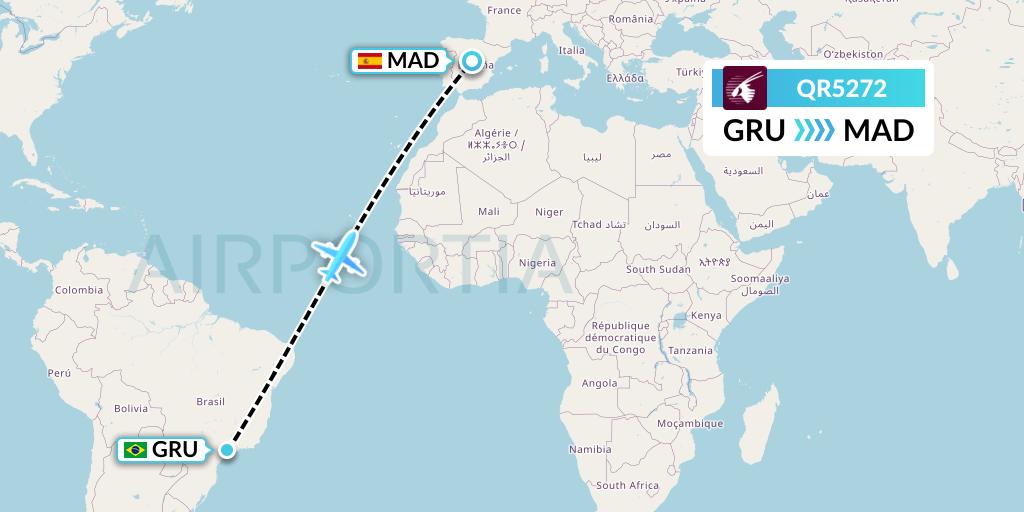 QR5272 Qatar Airways Flight Map: Sao Paulo to Madrid