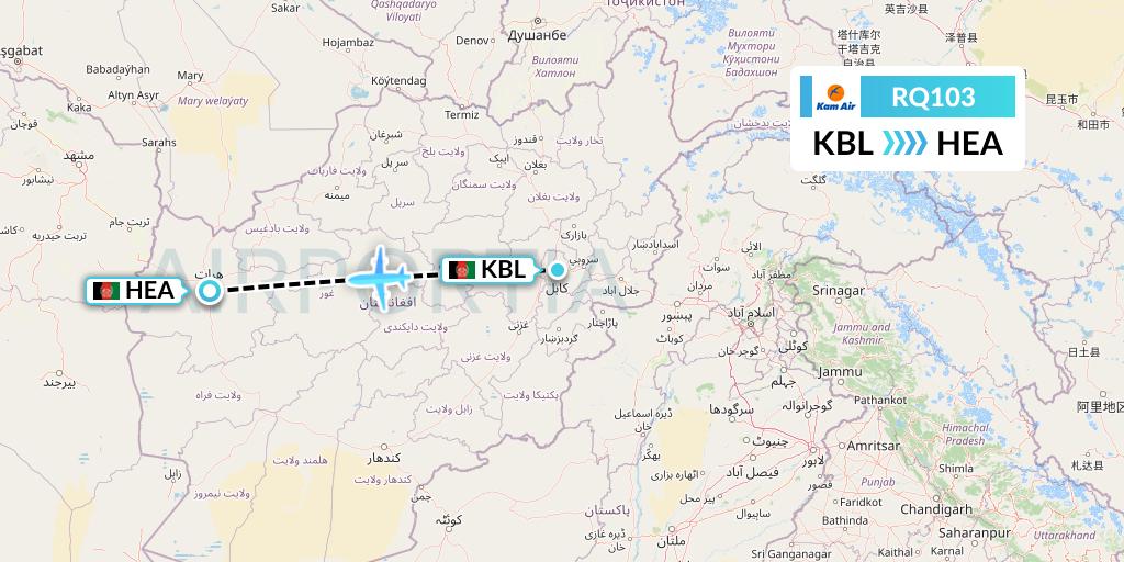 RQ103 Kam Air Flight Map: Kabul to Herat
