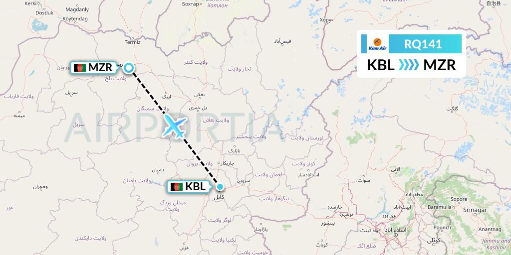 RQ141 Kam Air Flight Map: Kabul to Mazar-I-Sharif