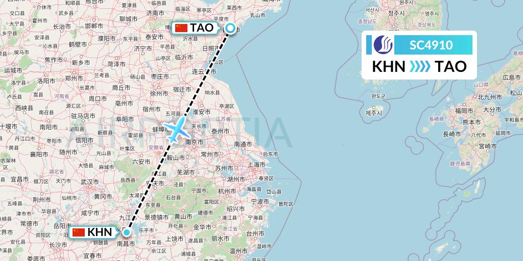 SC4910 Shandong Airlines Flight Map: Nanchang to Qingdao