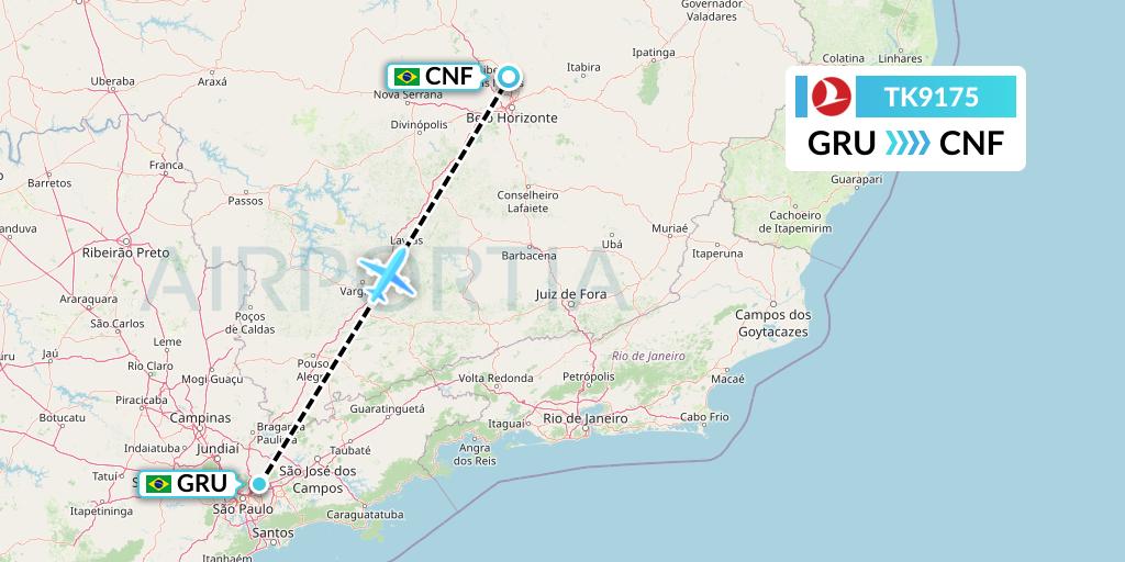 TK9175 Turkish Airlines Flight Map: Sao Paulo to Belo Horizonte