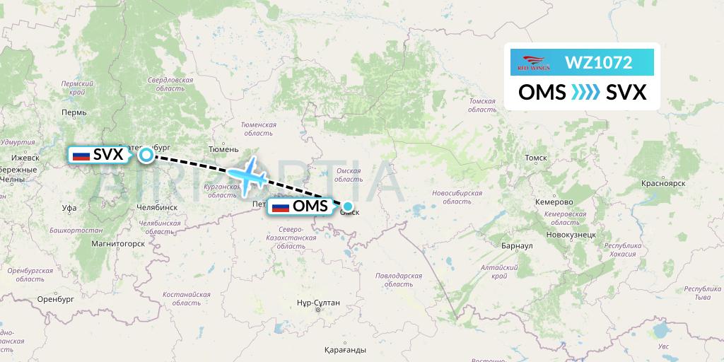 WZ1072 Red Wings Flight Map: Omsk to Yekaterinburg