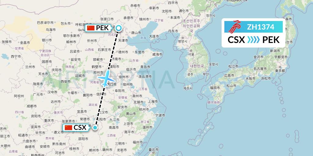 ZH1374 Shenzhen Airlines Flight Map: Changsha to Beijing